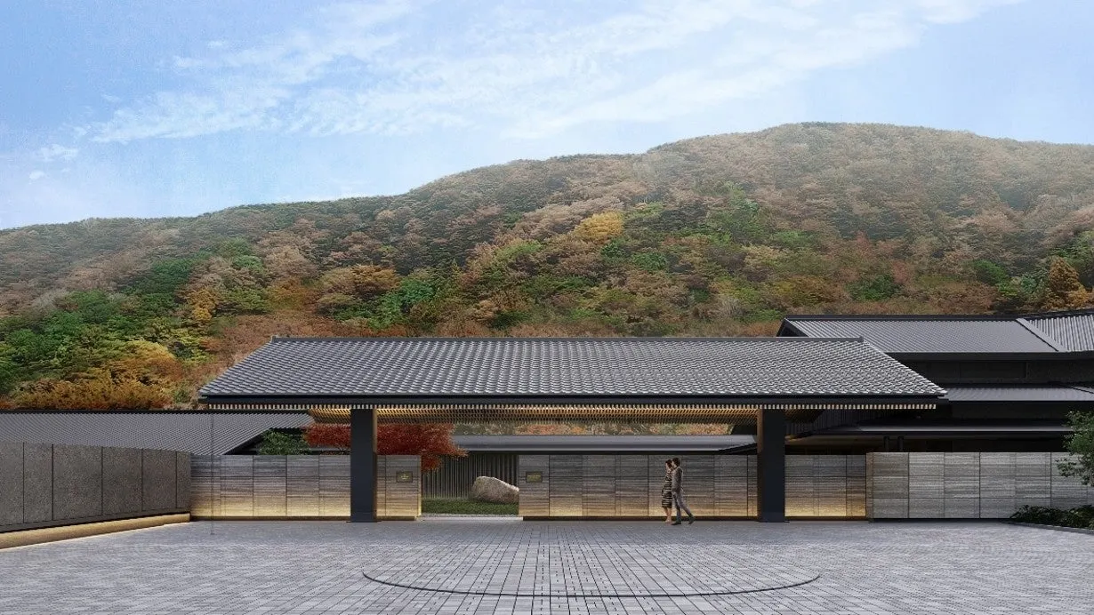 HOTEL THE MITSUI HAKONE ラグジュアリーコレクションホテル＆スパの浅間山を背景とする「HOTEL THE MITSUI HAKONE」のエントランス完成予想パース（2026年公開資料、制作年不明）
